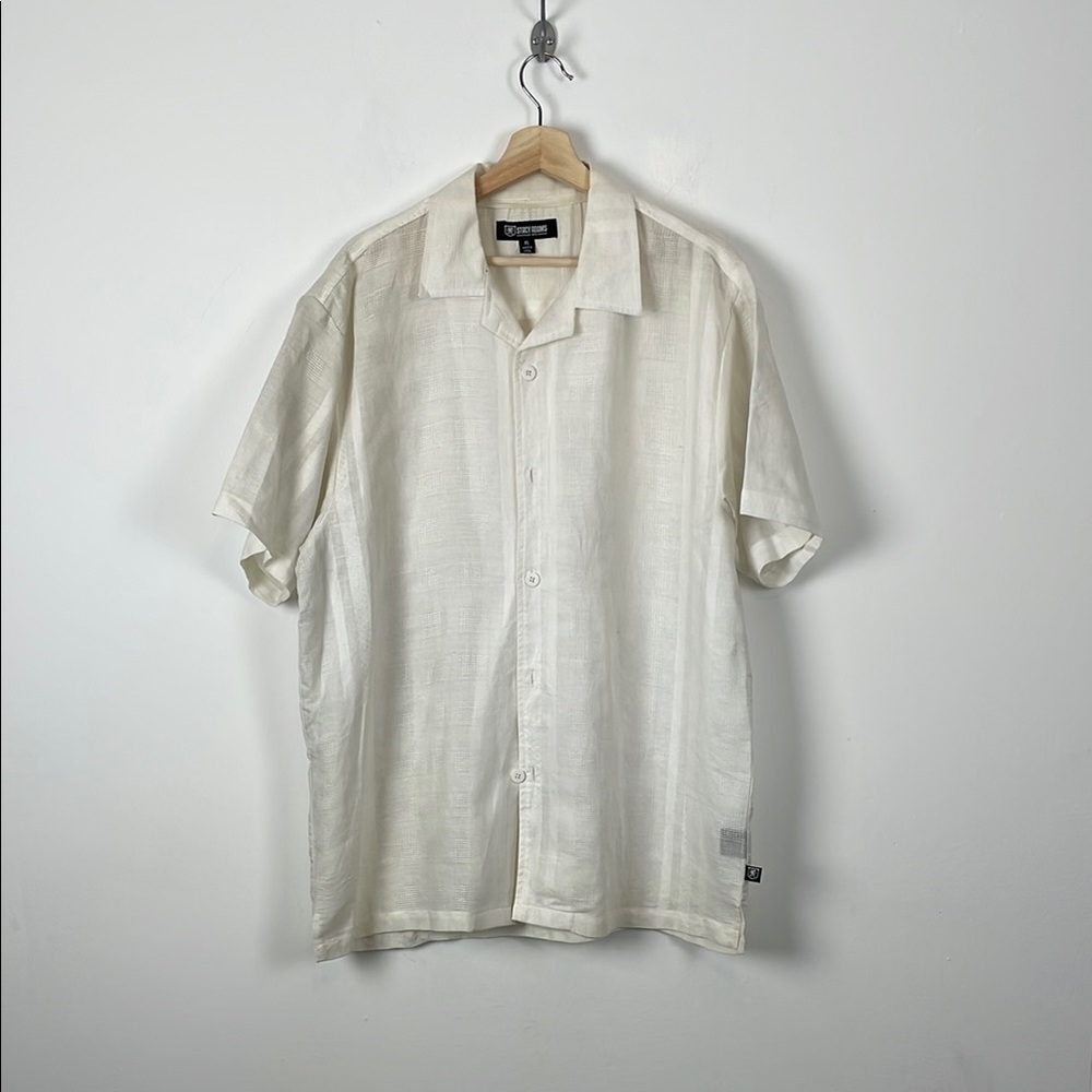 Stacy Adams Mens XL Linen Button Down Textured White Busines Casual Beach  Shirt